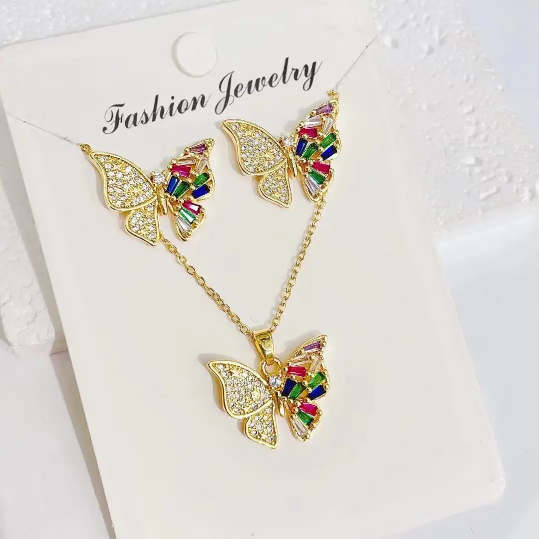 Wholesale Fashion Women Jewelry Gold Plated Butterfly Earrings Necklace Vintage Titanium Steel Necklace Jewelry Set For Women