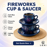 Conjunto de Xícara e Pires de Porcelana Azul Marinho com Padrão Brilhante de Estrelas e Efeito de Fogos de Artifício, Louça Festiva Azul Lavanda, Rosa e Amarelo