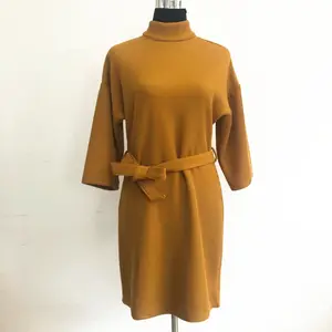 Garments Stocks Women's Spring Autumn Dress Elegant Turtleneck Belted Bodycon Dress Textured Tunic Vestido
