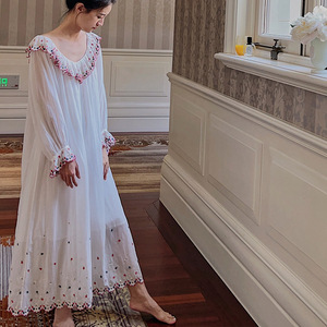 Gonna in <span class=keywords><strong>cotone</strong></span> a maniche lunghe da donna floreale ricamato con elastico floreale in vita <span class=keywords><strong>pigiama</strong></span> dolce e carina collezione estiva per ragazze - Product Image 2