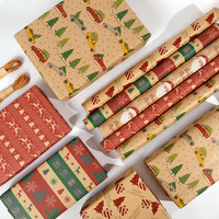 Papier cadeau kraft de Noël de grande taille, rouleau de 3 m, dessiné à la main, avec des motifs d'élans et d'arbres de Noël