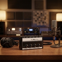 Console de mixage audio métallique ultra-compacte 4 canaux avec réglage vocal, faible bruit et adaptateur d'alimentation 12V DC