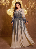 Robe de soirée élégante pour femmes grandes tailles, col en V, manches longues, ajustée, avec taille en maille scintillante, pour dîners et mariages