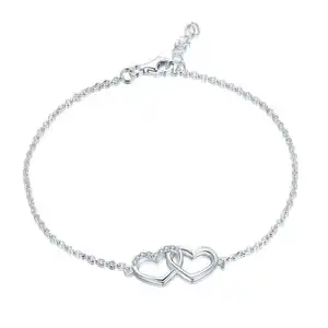 Fashion Foot Jewelry Ankle Bracelet 925 Sterling Silver Double Heart Charm Anklets For Women