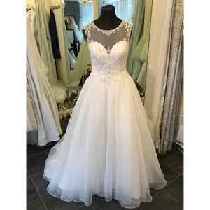 Heavy Beading Illusion Neckline A Line Wedding Dresses Sheer Back Bridal Wedding Gowns