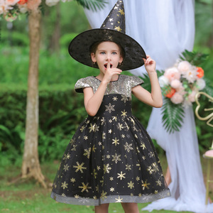 Girls Halloween Costume Witch Dress <b>Sequined</b> Black Gold Stars Party Dress For Children Size 902 - Product Image 1