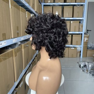 12A Wholesale 100% Natural Brazilian Hair Short <strong>Pixie</strong> <strong>Wig</strong> with Hairband Machine <strong>Curled</strong> #1B in Stock - Product Image 3