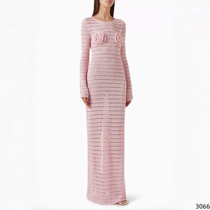 Vestido Maxi de Verano de Ganchillo con Cuello Redondo y Manga Larga, Cubrebaño de Playa con Apliques Florales 3D y Abertura Trasera para Mujer - Product Image 6