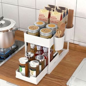 PP <b>Plastic</b> <b>Kitchen</b> Bathroom Sliding Folding Cabinet 2-Tier BPA-Free Food Grade Modern Sink Organizer Hooks Cup Chopstick Holders - Product Image 2
