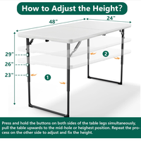 Table pliante 4 pieds, pliable en deux, en plastique, hauteur réglable, tables utilitaires portables, pieds en acier pour intérieur, extérieur, pique-nique, camping