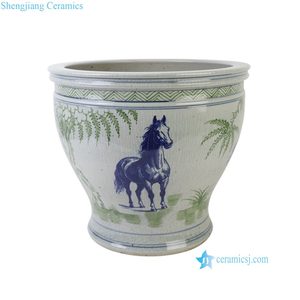 RXCG24-A Grand pot à fleurs en céramique de porcelaine bleu-vert, motif <span class=keywords><strong>bambou</strong></span> traditionnel, glaçure craquelée motif cheval - Product Image 5