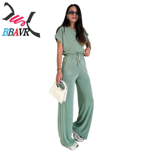 Conjunto de Blusa de Manga Corta de Color Sólido para Primavera y Verano, Pantalones Anchos de Cintura Alta, Moda Casual para Mujer - Product Image 4