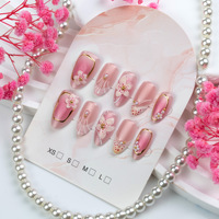 30 faux ongles courts en amande à presser, rose nude, fleurs de cerisier 3D, perles françaises, en acrylique, réutilisables avec colle et lime