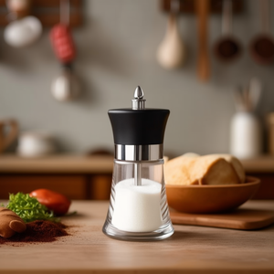 Dispenser per zucchero trasparente con coperchio nero e dettagli cromati per uso in cucina - Product Image 3