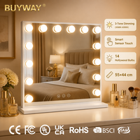 Miroir de Coiffeuse Rectangulaire Blanc Hollywood 55x44cm 14 Ampoules Température de Couleur à 3 Tonalités Réglables 3000K-6500K Capteur Tactile