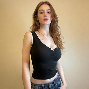 Sweet Cool Girl Bow Tank <b>Top</b> Ruffle Trim Color Block V Neck Sleeveless Fashion <b>Top</b> Women - Product Image 5