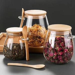 Usine Cuisine Conteneur De Stockage Pot En Verre Épices et En Bois <span class=keywords><strong>Bambou</strong></span> Couvercle Boîte De Stockage Des Aliments et Cuillère Remise Cuisine Essentiels - Product Image 1