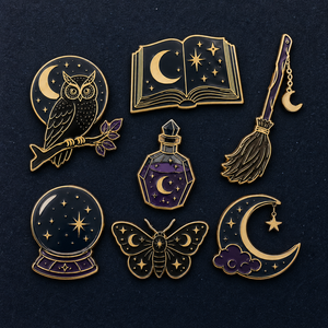 En gros, épingles de revers en métal émaillées personnalisées de haute qualité pour récompenses scolaires pour enfants, motifs Hibou de nuit, <span class=keywords><strong>Livre</strong></span> magique, Balai de sorcière - Product Image 1