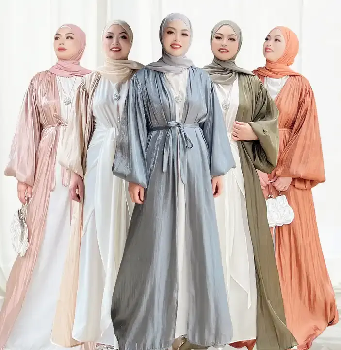 Midden-Oosten Moslim Vrouwen Kleding Shinny Polyester Doorzien Lente Zomer Open Abaya Islamitische Jurk