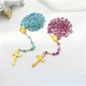 Collier de prière en perles de cristal de verre de 6 mm avec crucifix et médaille miraculeuse pour bijoux religieux catholiques - Product Image 3