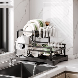 Étagère <span class=keywords><strong>de</strong></span> rangement <span class=keywords><strong>de</strong></span> cuisine à 2 niveaux, en acier inoxydable multi-couches, mobile, non pliable, <span class=keywords><strong>avec</strong></span> panier égouttoir et porte-gobelets - Product Image 1