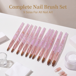 Kit de pinceaux à ongles Kolinsky personnalisé de 9 tailles, manche rose pailleté, virole or rose pour fournitures de salon de manucure - Product Image 6