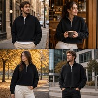 Sweat-shirt oversize unisexe à col montant et demi-zip, gris chiné, noir, fermeture éclair argentée, épaules tombantes, personnalisable, streetwear vierge