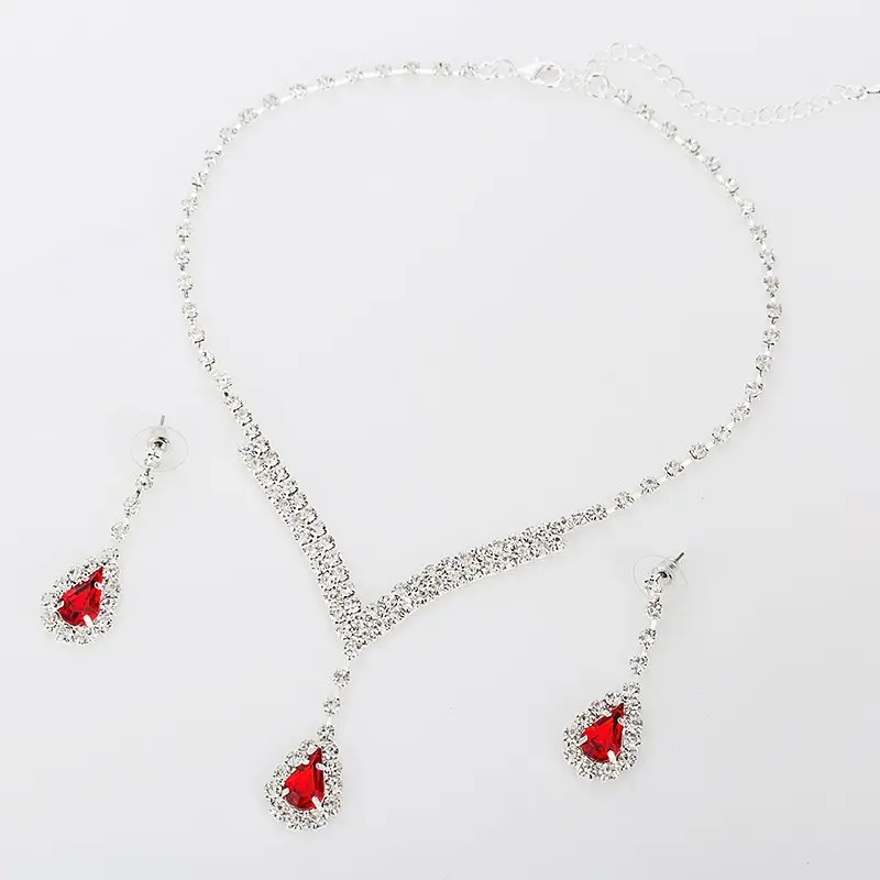 Ready to ship Wholesale 2 pieces Necklace Earring Wedding Jewelry Set Red Teardrop Bridal Jewelry Sets