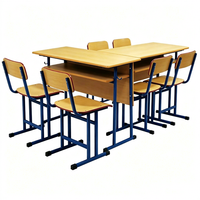 Ensemble de bureau et chaise d'école 3 places, bureau d'élève avec tiroir de rangement, structure métallique, plateau en bois, mobilier scolaire