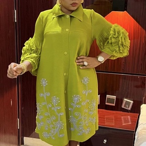 Vestidos de moda para mujer con volantes en las mangas, solapa, pedrería y pliegues de alta resistencia - Product Image 3