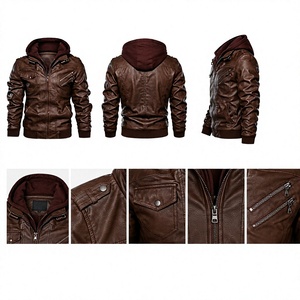Chaqueta de cuero PU para hombre, estilo motociclista, talla grande, con capucha, transpirable, con cremallera, para otoño, en marrón y negro, venta al por mayor de fábrica. - Product Image 2
