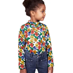 Custom Private Label Brand Fashion Allover Floral Print Cotton Turtle Neck Basic Children T-shirt Girl t Shirt For Spring