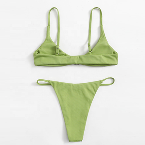 カスタム2022新しいデザインリブ付きソリッドセクシーティーン女の子ツーピースビキニビーチウェア女性用マイクロミニひもビキニセット水着 - Product Image 3