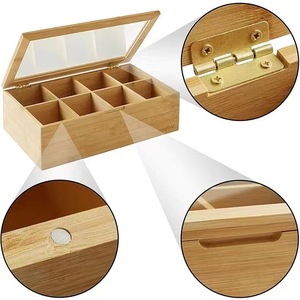 Bamboo <b>Tea</b> <b>Box</b> With Compartments Flip Top Desktop Organizer Natural Wood Color Rectangle Shape Covered Storage Case - Product Image 4