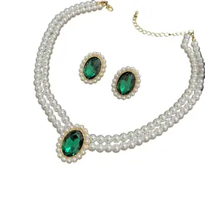 2023 Fashion Jewelry Set Vintage Style Emerald Diamond Pearl Beads Double Layer Collar Chain Earring Set