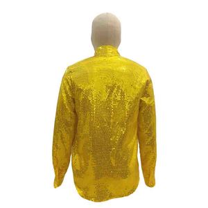 Camicia da uomo a maniche lunghe con paillettes dorate, blusa lucida con bottoni sul risvolto, top <span class=keywords><strong>per</strong></span> discoteca, feste, palcoscenico, ballo - Product Image 3