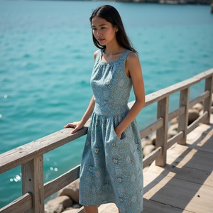 Versátil e inteligente vestido veraniego de algodón transpirable de línea A Midi azul para damas con estampado para ropa informal - Product Image 1