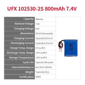 공장 사용자 정의 충전식 리튬 이온 폴리머 배터리 팩 UFX 102530-2S 7.4V 800mAh 2S1P - Product Image 2
