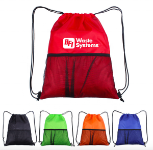 Custom 210D Polyester Gym Backpack Large Mesh Pocket Drawstring Sportpacks for Children Promotional Napkins Saving
