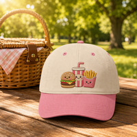 Casquette de baseball respirante et imperméable bicolore avec patch brodé alimentaire, boucle de réglage métallique, visière incurvée, 6 panneaux, style Dad Hat sportif
