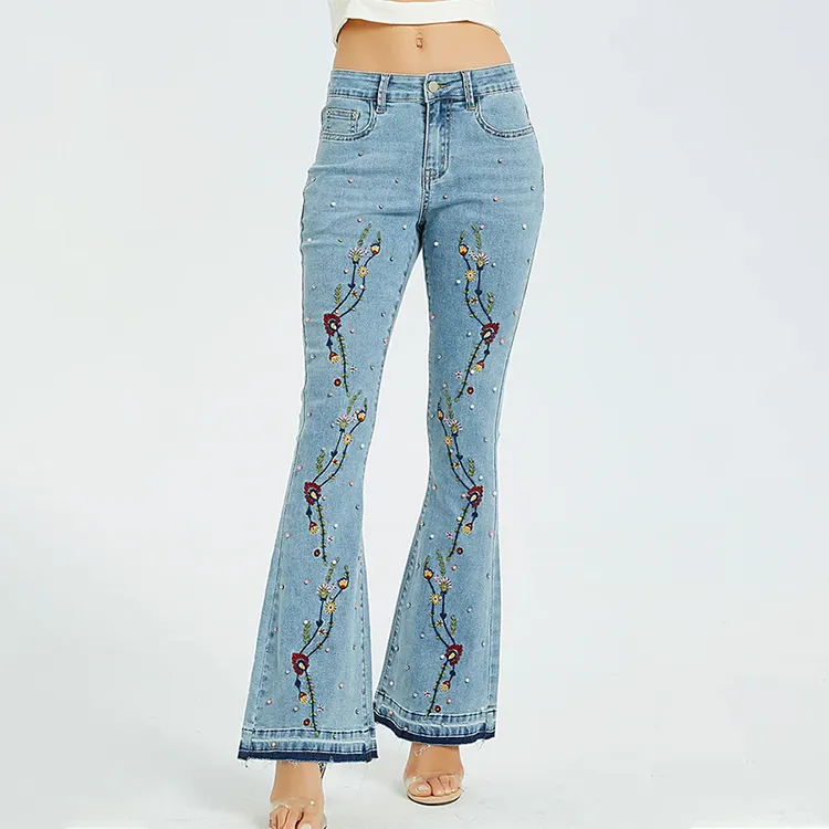 女性用刺繍入りジーンズパンツパール装飾フレアジーンズ女性ファッションヴィンテージスキニージーンズ女性
