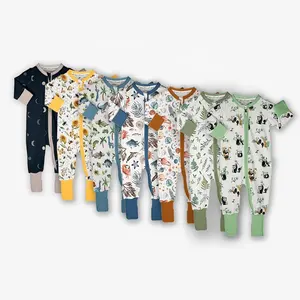 Vêtements d'automne pour bébés garçons Combinaison à manches longues imprimée Oblique Zippée Automne Nouveau-né Barboteuse Vêtements