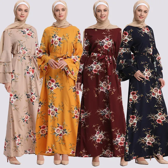 Custom African Abaya Women Muslim Hijab Dress Muslim Islamic Dubai Flare Sleeve Floral Printed Modest Kaftan Dress