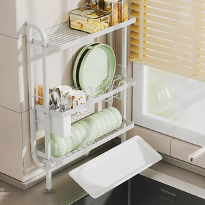 Égouttoir de cuisine <span class=keywords><strong>vertical</strong></span> moderne à trois niveaux en métal de haute qualité, écologique, grande capacité, organisateur mural pour la vaisselle - Product Image 5