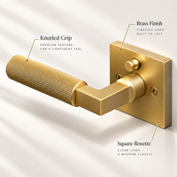 Ensemble de poignée de porte intérieure moderne avec bouton rotatif à verrouillage, finition or brossé, rosette carrée et poignée moletée, pour chambre et salle de bain