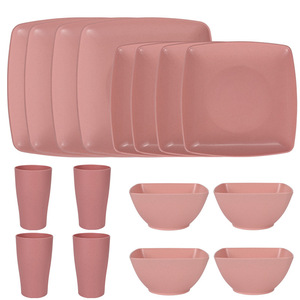 Hot Selling 16Pcs Disposable Plastic Dinnerware <b>Set</b> <b>Square</b> Steak Plate and Salad Bowl with Fruit Pattern Wheat Straw Design - Product Image 6