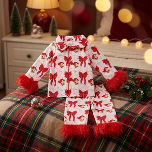 Ensemble pyjama de Noël rouge avec haut boutonné et pantalon pour bébés filles de 3 à 6 mois, orné de nœuds en fourrure, 250g SUTUTU-2 Fabriqué au Canada - Product Image 2