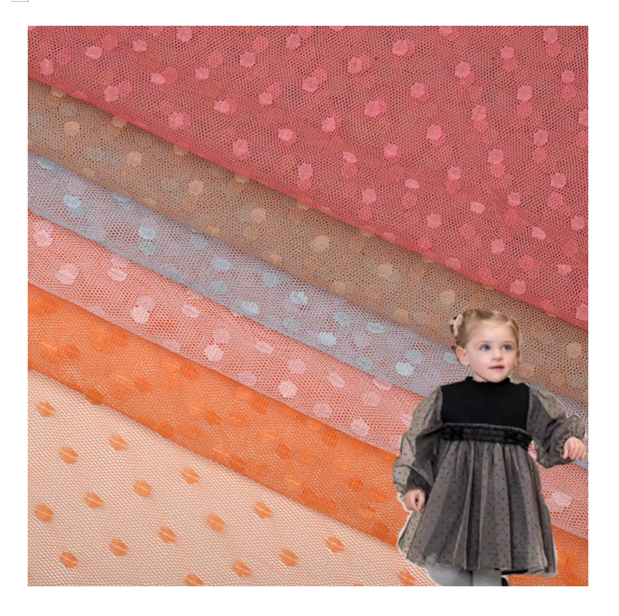 2024 नई डिजाइन 100% पॉलिएस्टर ताना बुनाई स्विस पोल्का डॉट फैब्रिक जैक्वार्ड गॉज ट्यूल मेश नेट फैब्रिक बच्चों की ड्रेस के लिए