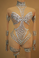 Luxe voir à travers strass body pour femmes maille barboteuses danseuse justaucorps dame à manches longues discothèque fête moulante combinaisons