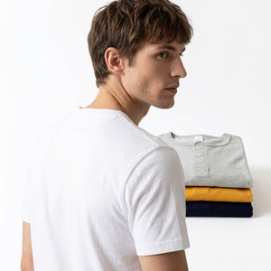 T-shirt à manches longues en coton 100% 245GSM, col Henley, tricot lourd, coupe classique, couleur unie, pour homme - Product Image 4